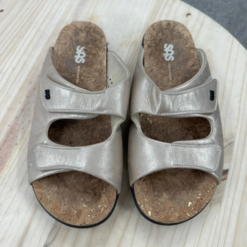 SAS Cozy Slide Sandals Womens 10 Gold Metallic Leather Adjustable Straps